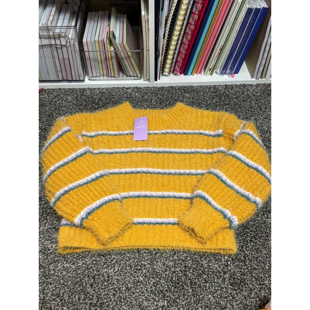 Evsie Girls Fuzzy Striped Sweater Mustard Yellow XXS 7 NWT Pullover Knit